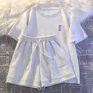 Women Suit Versatile Women's Tracksuit Set Stylish Round Neck T-shirt Elastic Waist Shorts Suit for Outfit 2 Pcs/set Lady