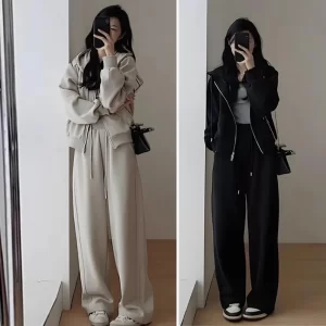 Hooded Sweater Wide-leg Pants Two-piece Suit Women Zipper pocket Lace Up Pant Set 2024 Spring Summer Lady Sports Casual Outfit
